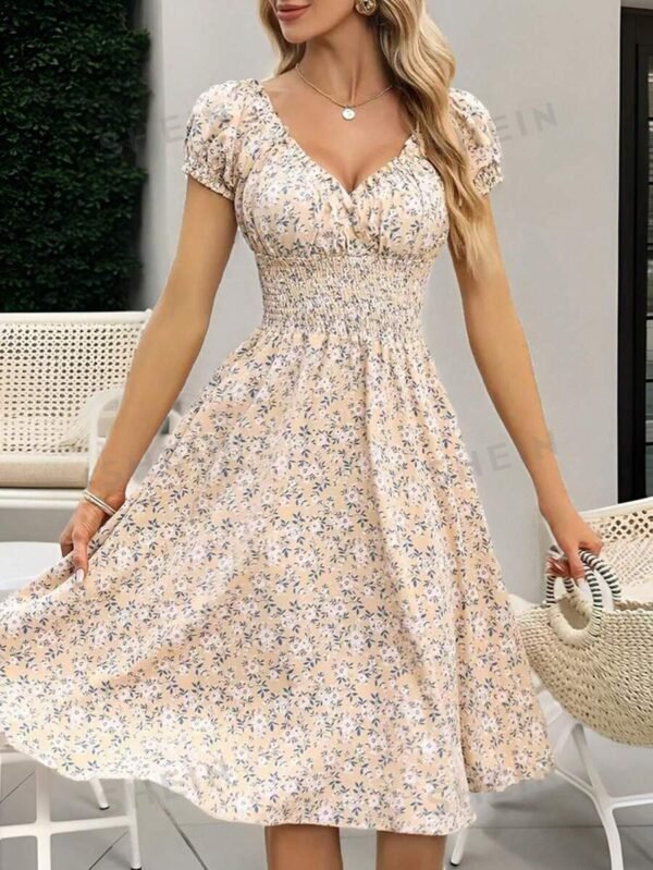 Vestido de mujer con estampado floral discreto, cuello en V y cintura ajustable - Imagen 3
