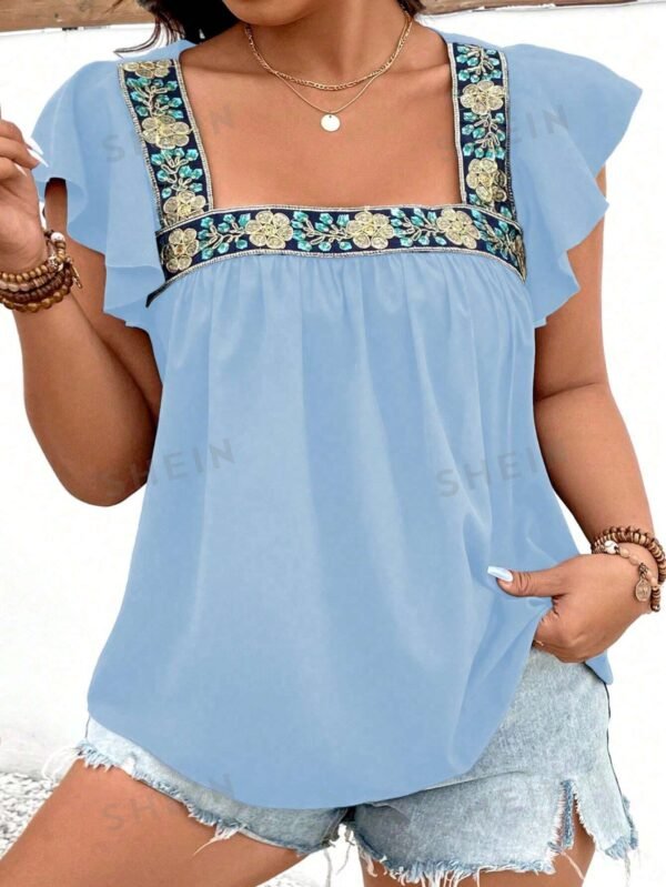 Camisa de mujer con ribete de encaje y cuello cuadrado de remiendo con mangas acampanadas - Imagen 3