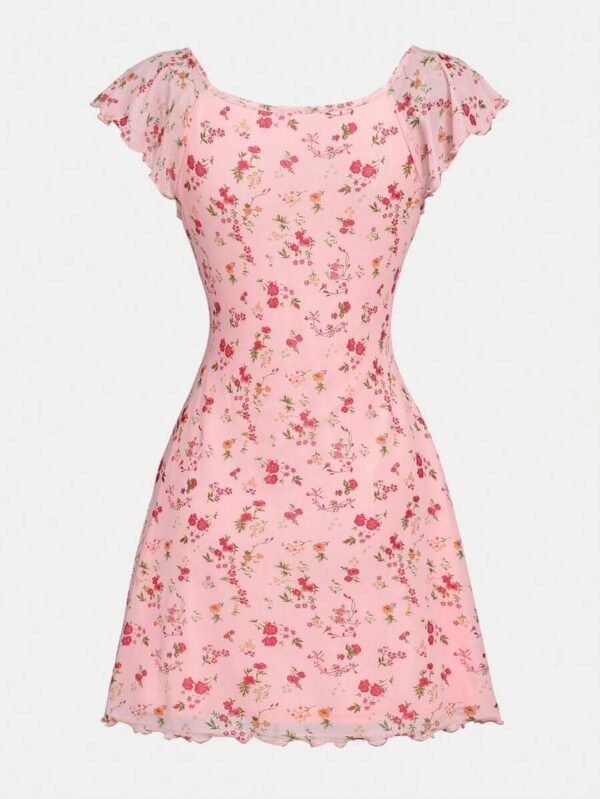 Vestido casual para adolescente con estampado de malla y flores - Imagen 2