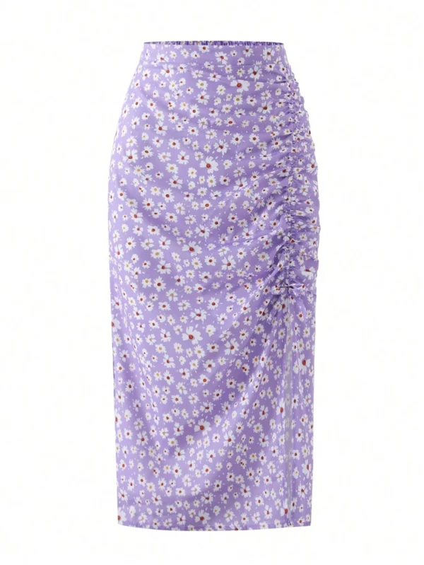 Falda midi larga con pliegues laterales altos y estampado de margaritas