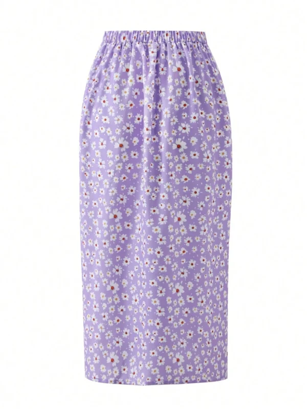 Falda midi larga con pliegues laterales altos y estampado de margaritas - Imagen 2