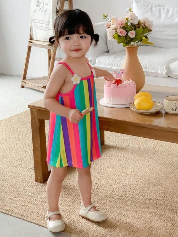 Vestido de verano con rayas lindas y flor de punto adornada para bebé niña - Imagen 3