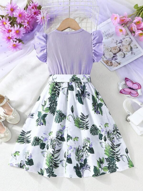 Vestido de verano con impresión floral, corte hueco, dobladillo con volantes y cinturón - Imagen 2
