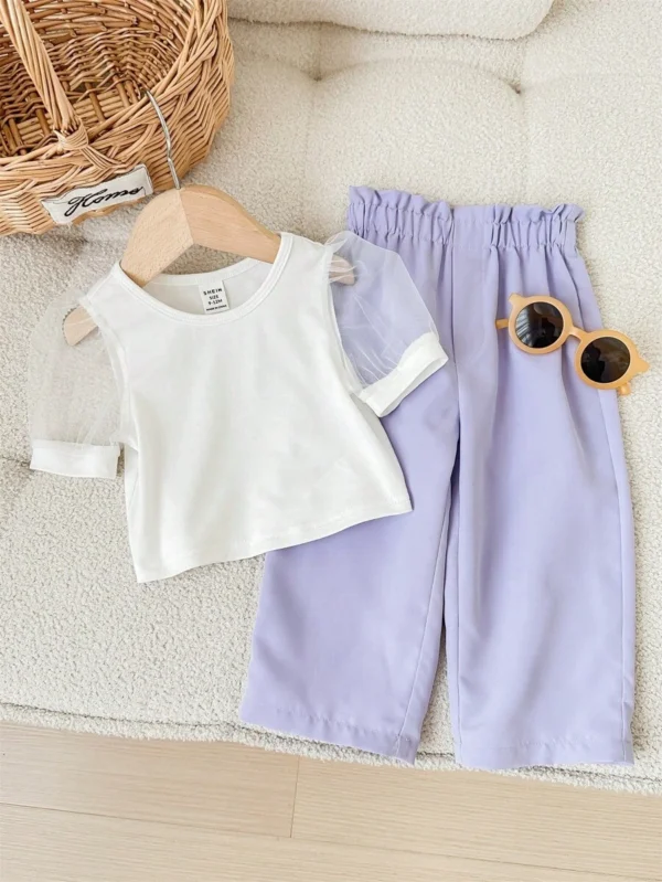 Conjunto de verano top de manga corta de punto y malla con parches y pantalones largos
