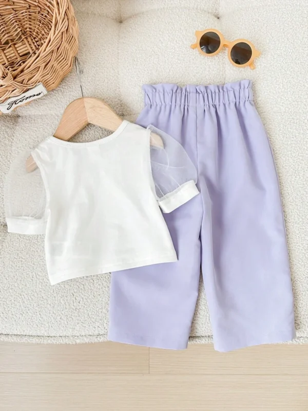 Conjunto de verano top de manga corta de punto y malla con parches y pantalones largos - Imagen 2