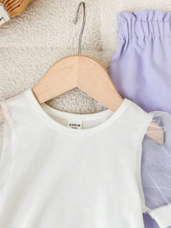 Conjunto de verano top de manga corta de punto y malla con parches y pantalones largos - Imagen 3