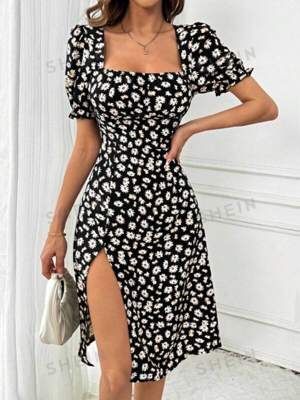 Vestido simple de cuello cuadrado de manga corta para mujer con estampados