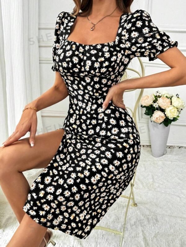 Vestido simple de cuello cuadrado de manga corta para mujer con estampados - Imagen 3