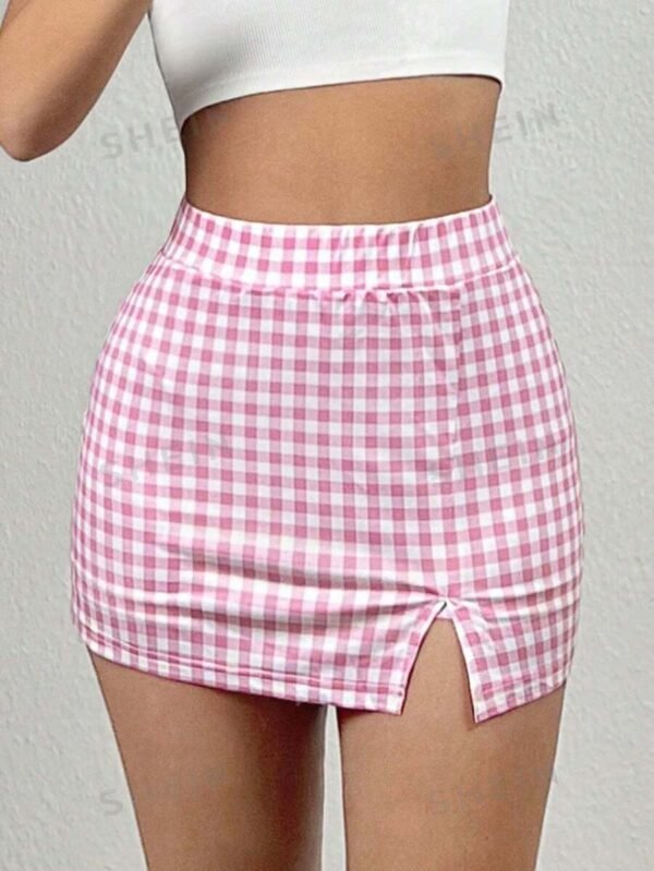 Falda con estampado de gingham y dobladillo dividido - Imagen 3