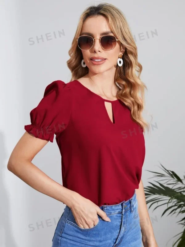 Blusa de cuello con abertura de ojo de manga farol - Imagen 2
