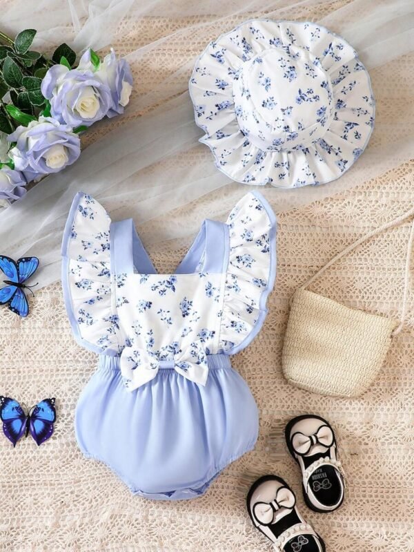 Mono Y Sombrero Para Bebé Con Diseño Floral Con Volantes Y Lazo Frontal