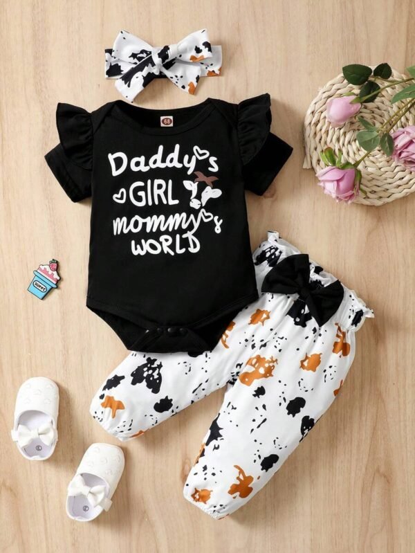 Body Con Volantes Y Lema Gráfico Para Bebé Niña Y Pantalones Con Lazo Y Estampado Gráfico