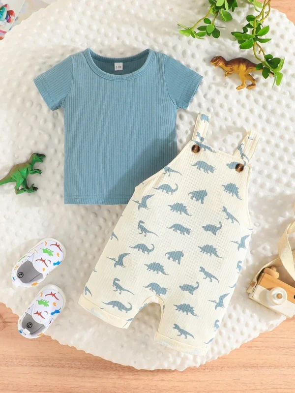 Conjunto de Camiseta de manga corta sólida y casual con estilo y monos de dinosaurio lindos