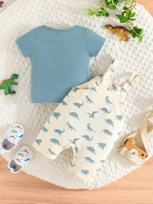 Conjunto de Camiseta de manga corta sólida y casual con estilo y monos de dinosaurio lindos - Imagen 2