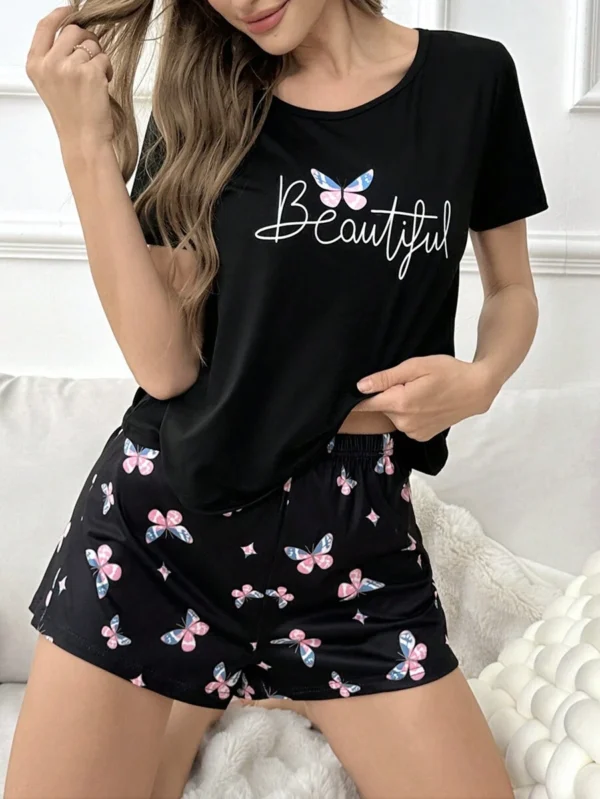 Conjunto de pijama de mujer con estampado de mariposas y letras de colores - Imagen 3