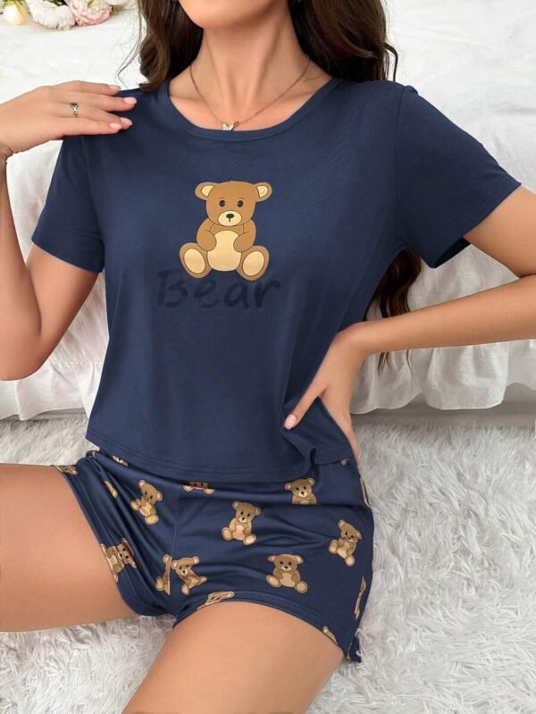 Conjunto de pijama de osito estampado con camiseta de manga corta y pantalón corto casual - Imagen 3