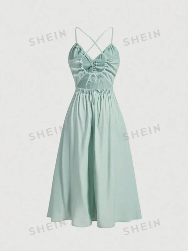 Vestido halter sin espalda de denim azul con lazo en la espalda - Imagen 2