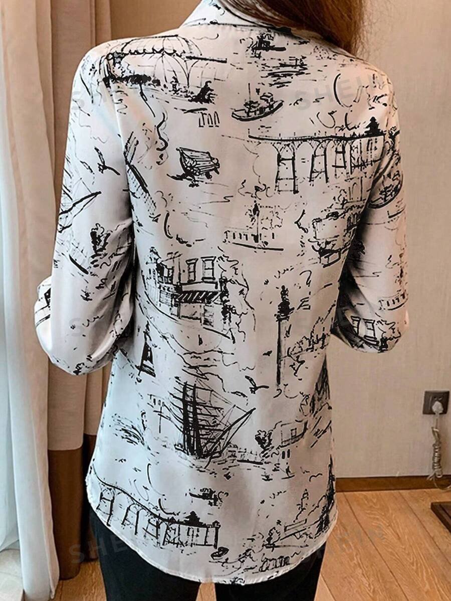 Camisa de mujer estampada con botones delanteros completos - Imagen 2