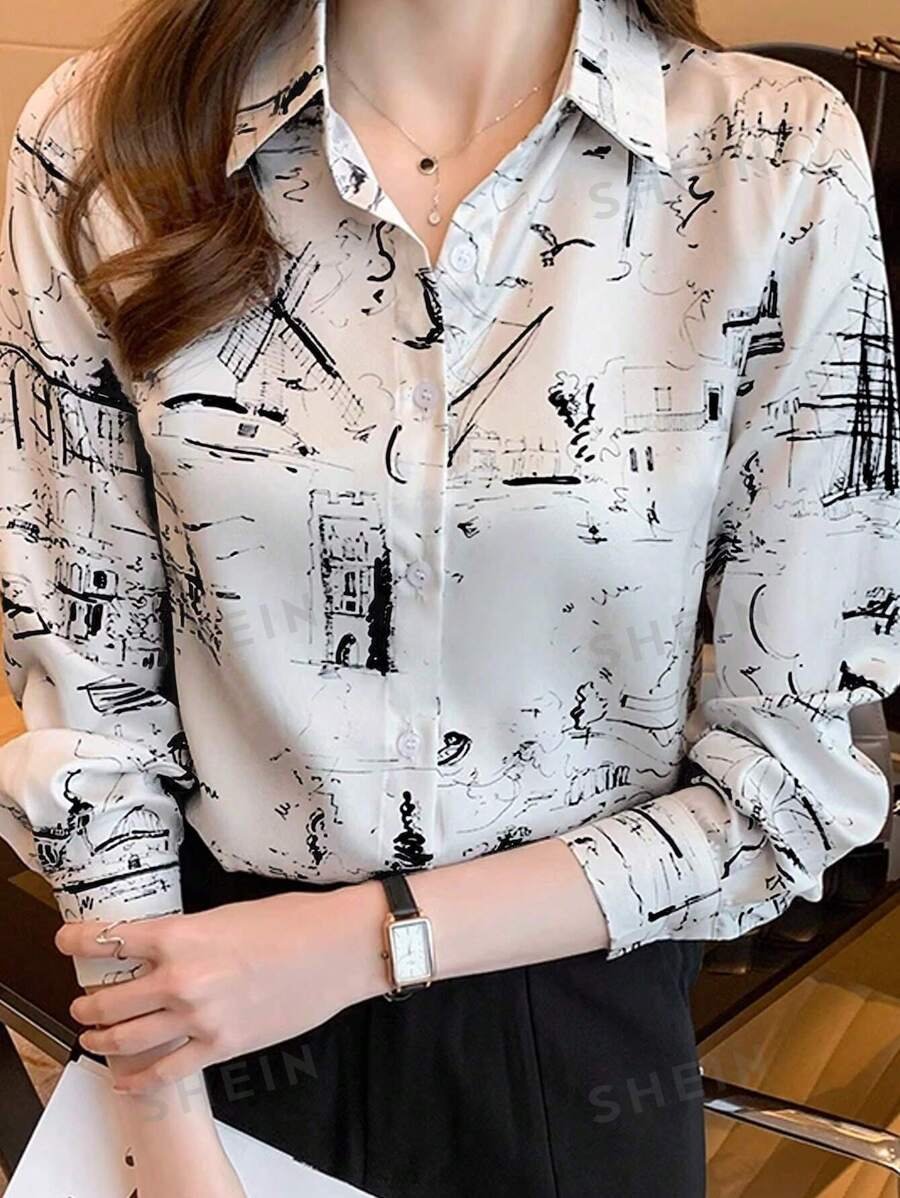 Camisa de mujer estampada con botones delanteros completos - Imagen 3