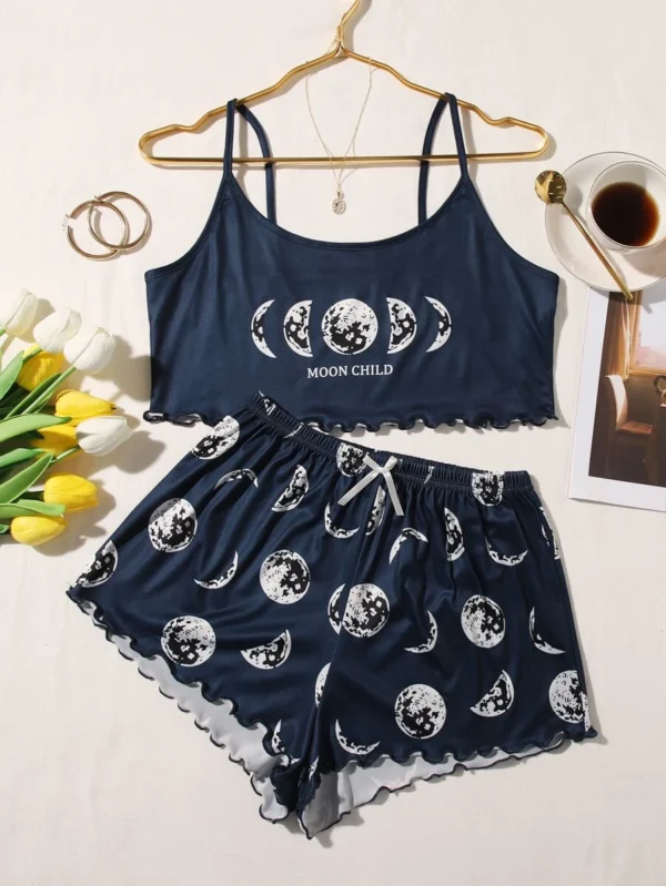 Conjunto de pijama con estampado de luna ribete en forma de lechuga