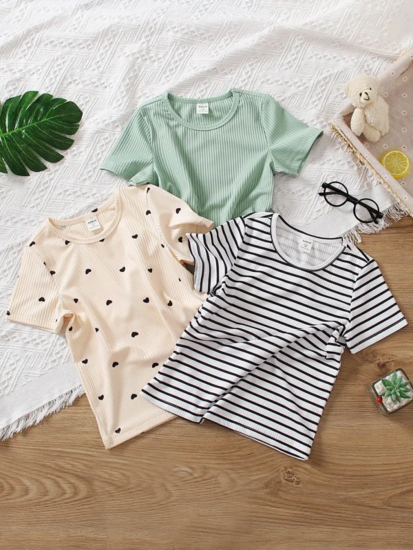 Camisetas De Corazones Y Rayas Impresas Para Niñas