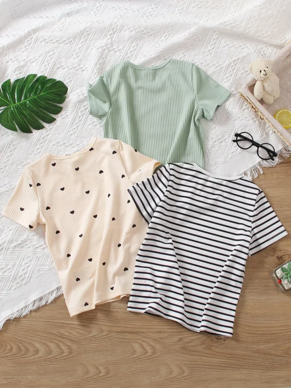 Camisetas De Corazones Y Rayas Impresas Para Niñas - Imagen 3