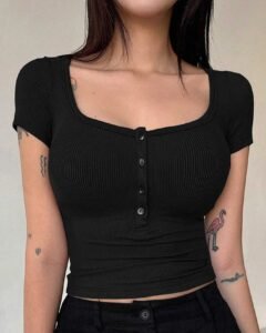 Camiseta De Punto Acanalado De Media Tapeta Con Botones