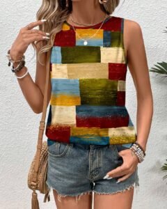 Camiseta de tirantes de cuello redondo para verano con bloqueo de color casual