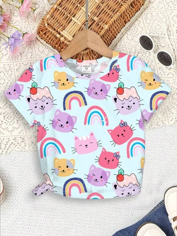 Camiseta de manga corta con patrón de gatos para niñas