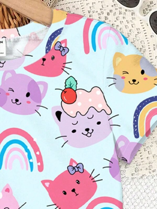 Camiseta de manga corta con patrón de gatos para niñas - Imagen 2