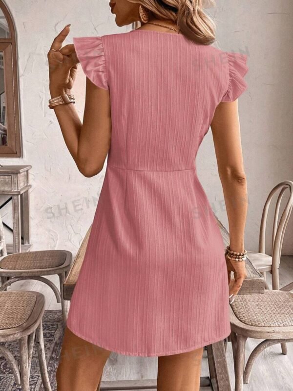Vestido casual con cuello en V, manga acampanada, liso - Imagen 2