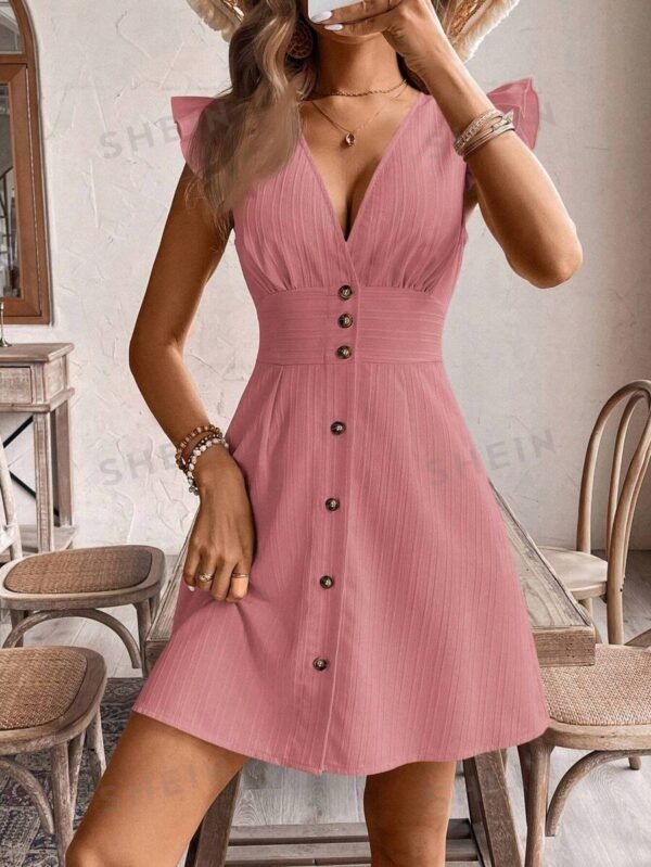 Vestido casual con cuello en V, manga acampanada, liso - Imagen 3