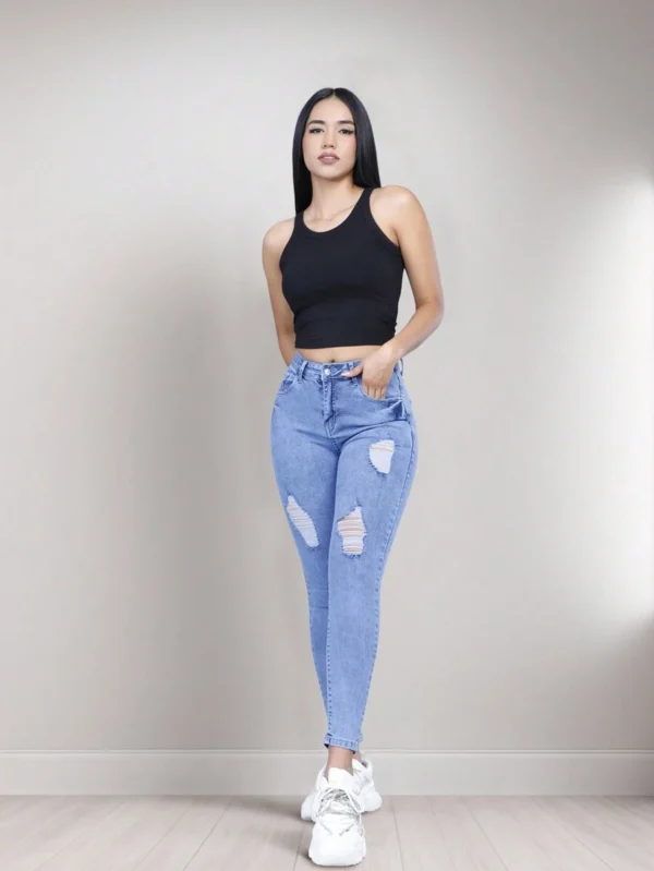 Jeans De Corte Skinny, Color Azul, Rotos, Se Ajustan A Tus Piernas Y Glúteos De Forma Natural