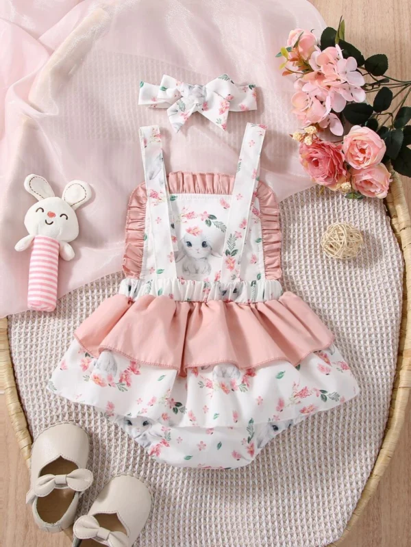 Bebé Body con estampado floral & de conejo ribete con fruncido & Accesorio Diadema - Imagen 2