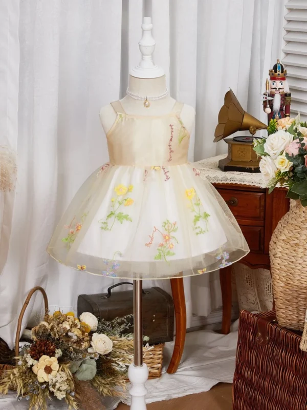 Bebé Vestido de tirantes con bordado floral de malla en contraste