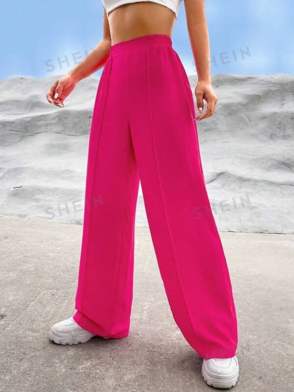 Pantalones rectos de cintura alta de color rosa sólido - Imagen 3