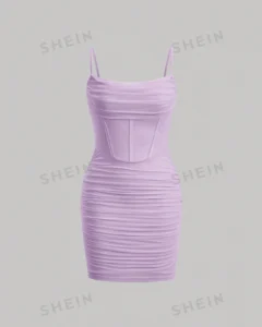 Vestido ajustado de tirantes unicolor fruncido