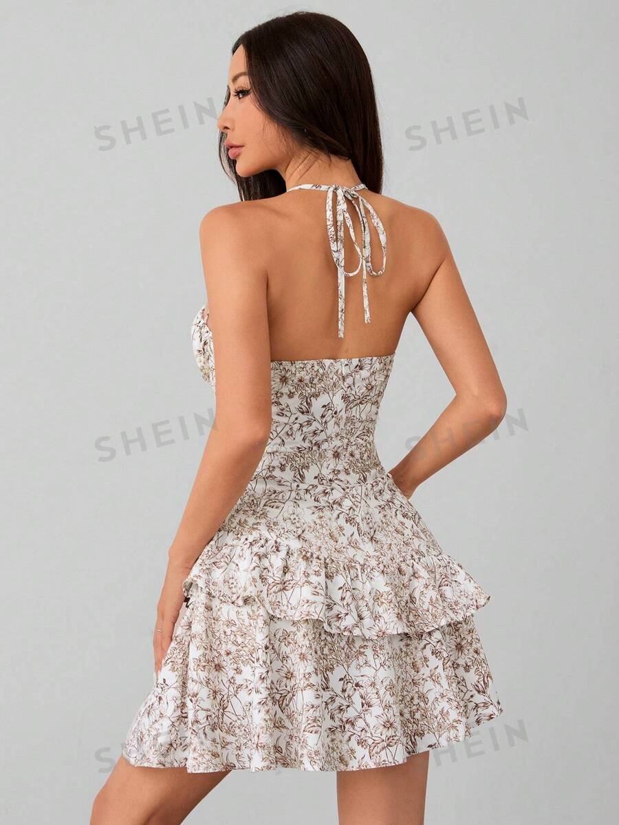 Vestido halter con diseño de flores pequeñas, escote fruncido con lazo - Imagen 2