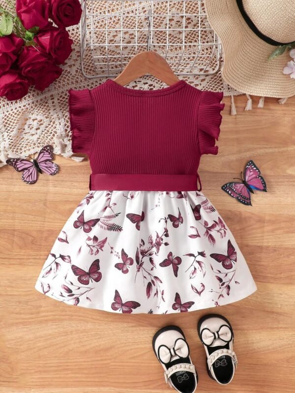 Vestido impreso de patrón de mariposa casual y romántico con cinturón - Imagen 2