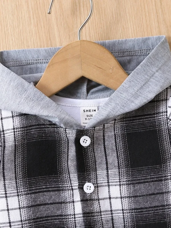 Bebé niño Camisa con estampado de cuadros con capucha sin camiseta - Imagen 3