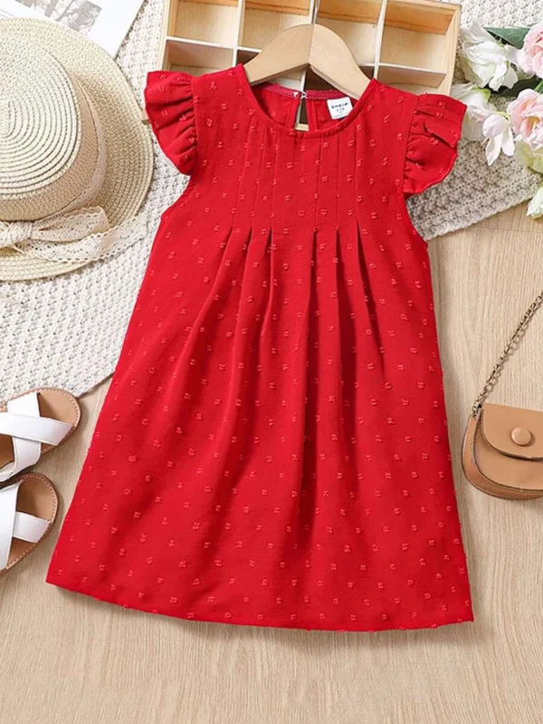 Vestido de estilo festivo de color sólido rojo para niña joven con cuello redondo