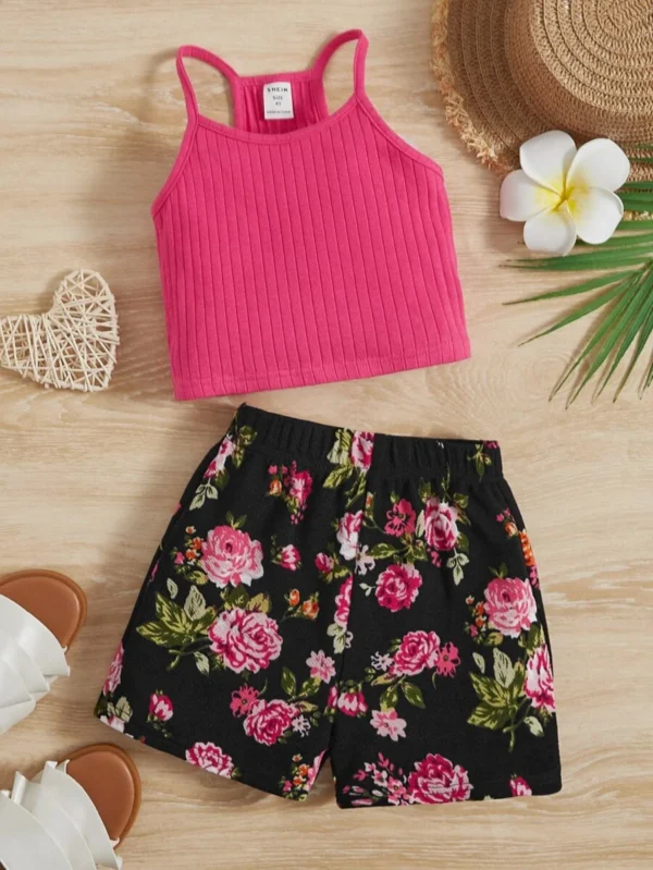 Top De Camiseta Sin Mangas De Punto Acanalado Para Niñas Jóvenes & Pantalones Cortos
