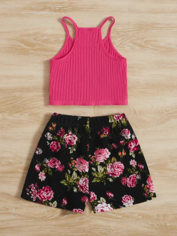 Top De Camiseta Sin Mangas De Punto Acanalado Para Niñas Jóvenes & Pantalones Cortos - Imagen 2