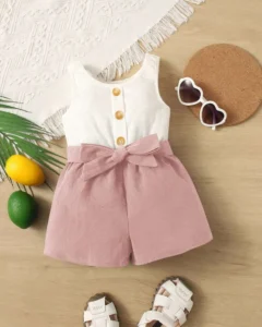 Mono Corto De Dos Tonos Con Cinturón Para Niñas Bebé