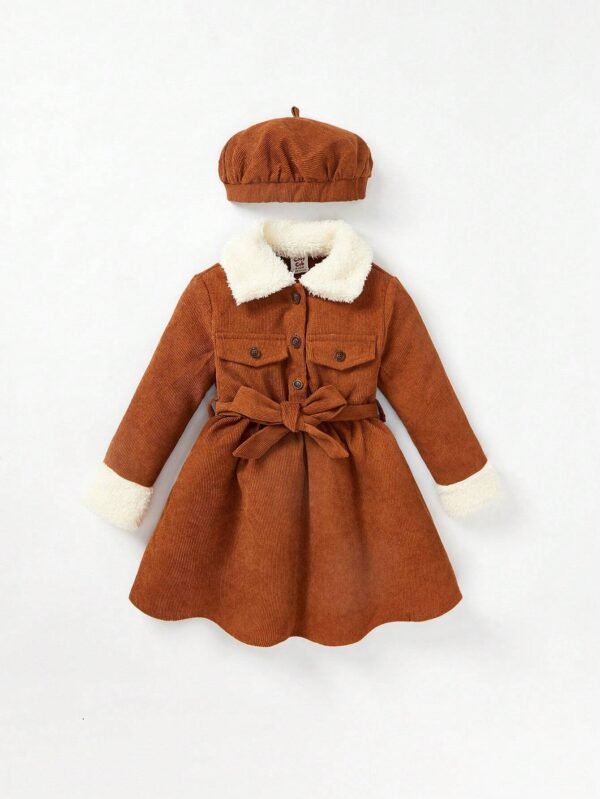 Vestido cuello de borreguito con diseño de solapa con cinturón de pana & Sombrero
