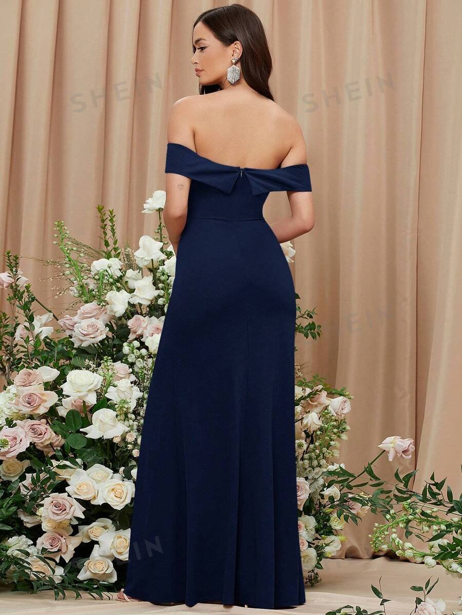 Vestido unicolor doblado de hombros descubiertos de muslo con abertura - Imagen 2