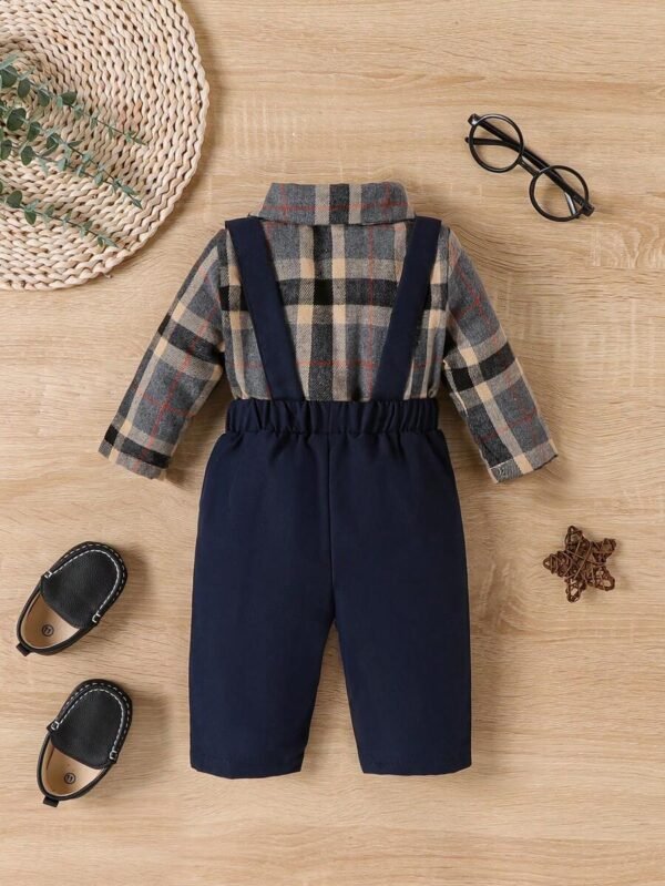 Conjunto lindo de overol para bebé niño con camisa a cuadros de manga larga - Imagen 2