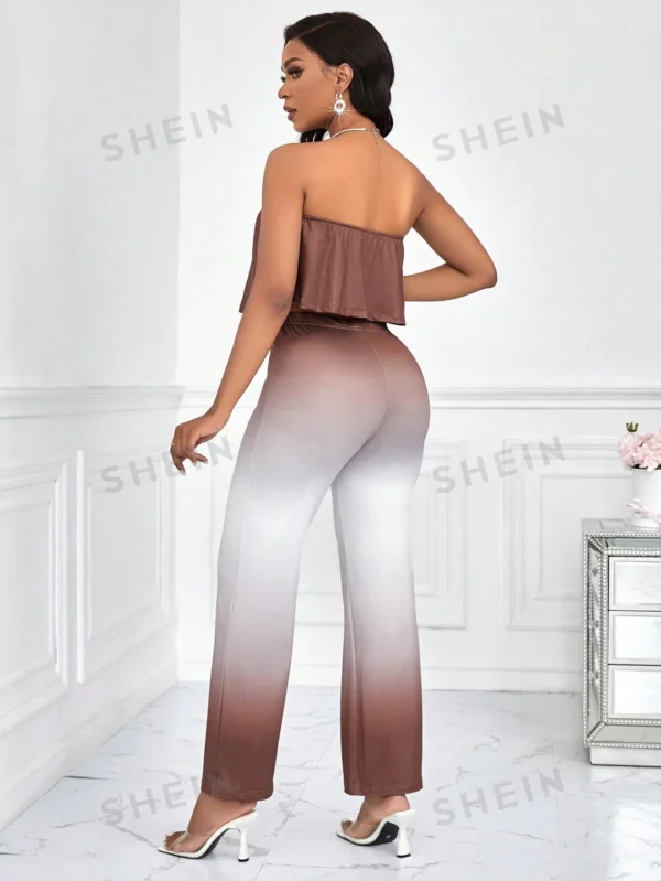 Conjunto De 2 Piezas Para Mujeres Con Top Sin Tirantes De Color Sólido Y Pantalones Degradados - Imagen 2