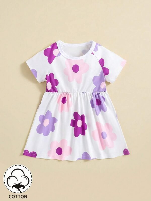 Vestido de verano para bebé niña con mangas cortas, cuello redondo y lindo diseño floral