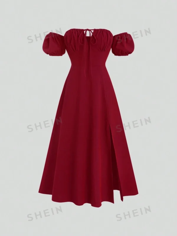 Vestido maxi de mujer estilo burdeos con hombros descubiertos y tejido de sarga a la moda